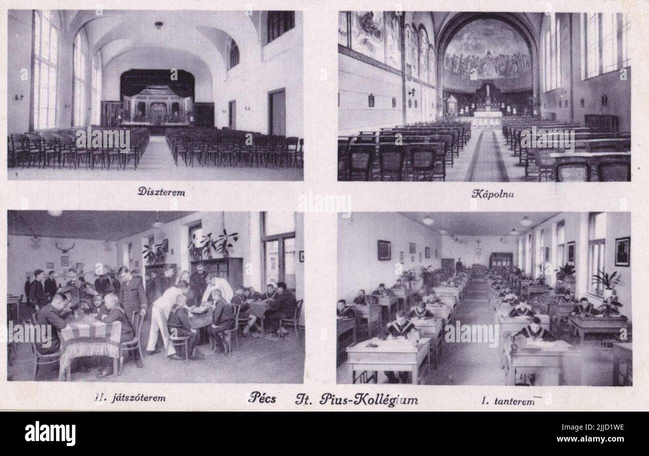 Jt. Innenfotos des Pius College. Bildpostkarte aus den Jahren 1920s und 30s. Seit Januar 1966 sammelt die Ortsgeschichtliche Sammlung der Bibliothek Csorba Gyz Könyvtár Fotos und Postkarten aus dem Kreis Baranya. Nach den am 1.. Februar 2016 aktualisierten Daten besteht die Sammlung aus 11.565 Exemplaren. Als Ergebnis des 2012 gestarteten Digitalisierungsprojekts umfasst die Sammlung rund 59.000 schwarz-weiß- und farbige Datensätze unterschiedlicher Größen und Typen, die über den elektronischen Katalog recherchierbar sind. Stockfoto