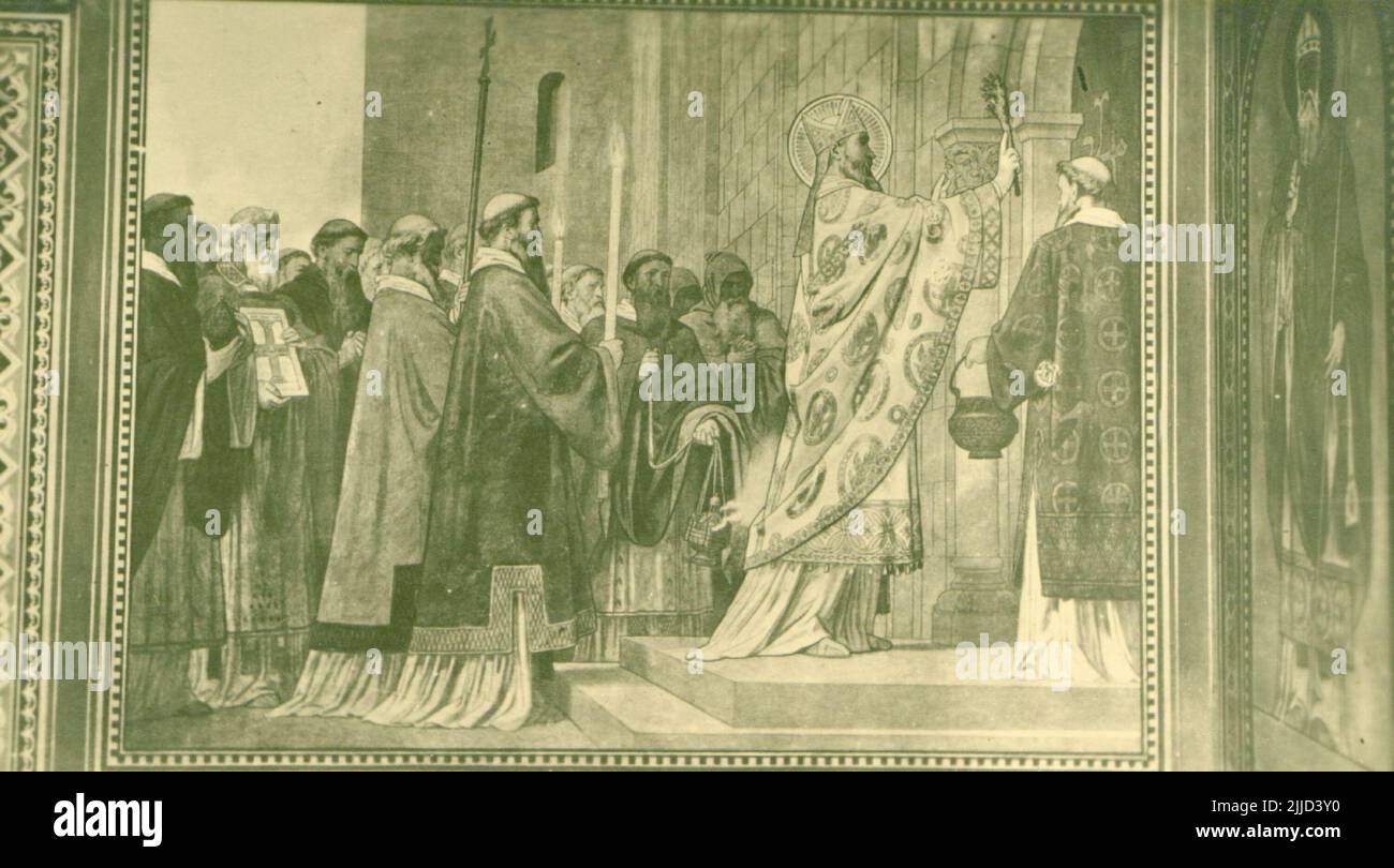 Fresko in der Kathedrale von Pécs. Fresko von Bertalan Székely mit dem Titel „die Weihe der Kathedrale“ in der Mór-Kapelle der Kathedrale. Seit Januar 1966 sammelt die Ortsgeschichtliche Sammlung der Bibliothek Csorba Gyz Könyvtár Fotos und Postkarten aus dem Kreis Baranya. Nach den am 1.. Februar 2016 aktualisierten Daten besteht die Sammlung aus 11.565 Exemplaren. Als Ergebnis des 2012 gestarteten Digitalisierungsprojekts umfasst die Sammlung etwa 59.000 schwarz-weiß- und farbige Datensätze unterschiedlicher Größen und Typen, die über die elektronische Kata recherchiert werden können Stockfoto