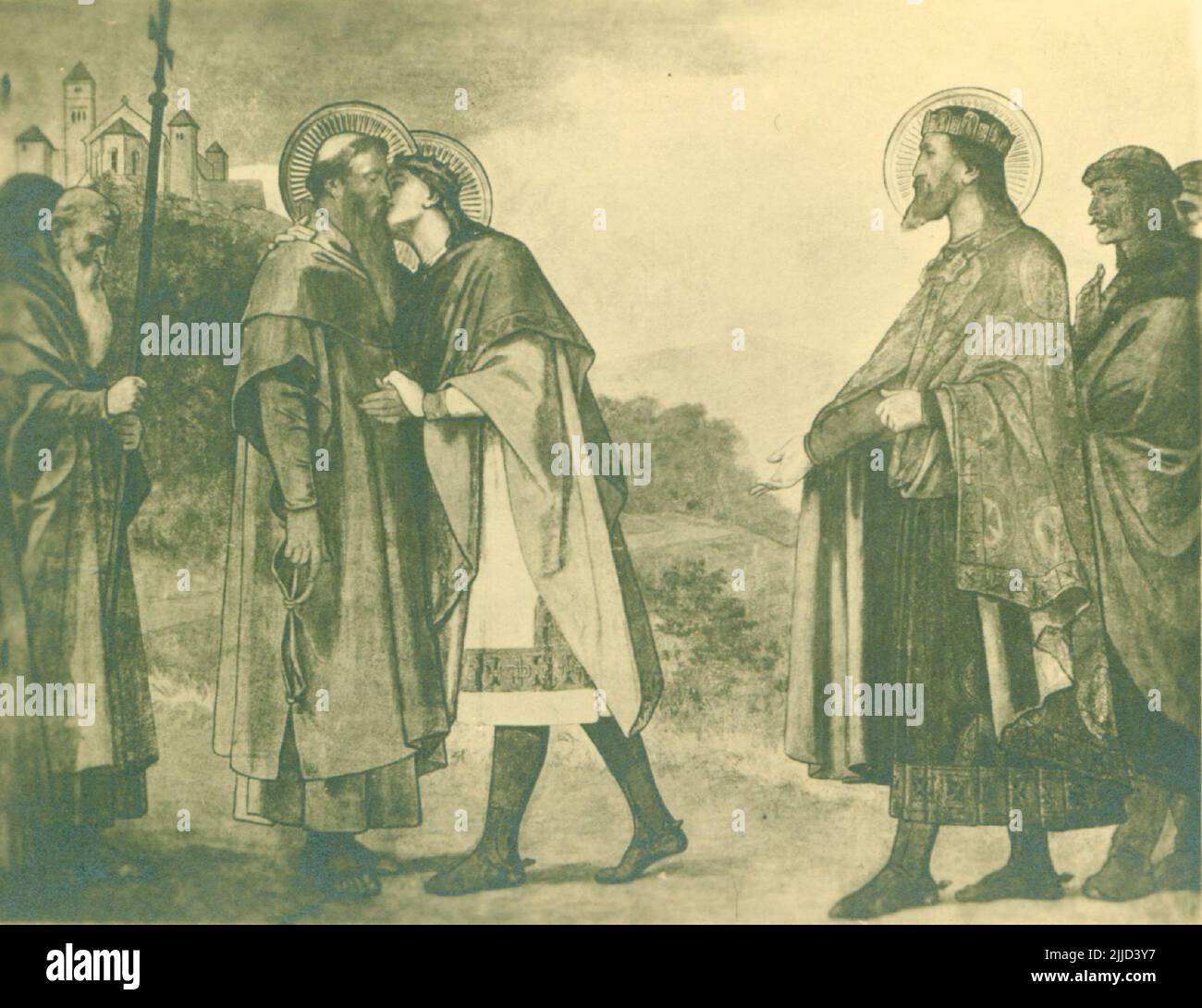 Fresko in der Kathedrale. Fresko von Bertalan Székely mit dem Titel „die Weihe der Kathedrale“ in der Moorkapelle der Kathedrale. Seit Januar 1966 sammelt die Ortsgeschichtliche Sammlung der Bibliothek Csorba Gyz Könyvtár Fotos und Postkarten aus dem Kreis Baranya. Nach den am 1.. Februar 2016 aktualisierten Daten besteht die Sammlung aus 11.565 Exemplaren. Als Ergebnis des 2012 gestarteten Digitalisierungsprojekts umfasst die Sammlung etwa 59.000 schwarz-weiß- und farbige Datensätze unterschiedlicher Größen und Typen, die über die elektronische Kata recherchiert werden können Stockfoto