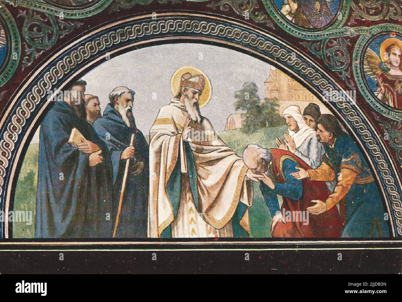 Bischof von St. Moor kehrt nach Pécs zurück, seine Anhänger werden mit Anhaftung adoptiert. Postkarte des Wandbildes des Malers Bertalan Székely in der Kathedrale von Pécs. Stockfoto