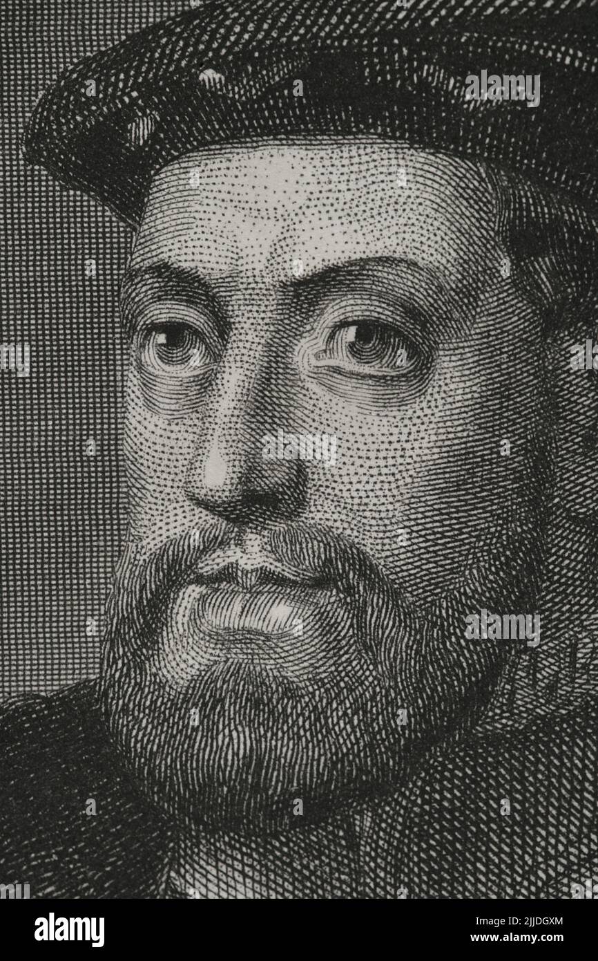 Karl V. (1500-1558). Kaiser und Erzherzog von Österreich (1519-1556), König von Spanien (1516-1556) und Herr der Niederlande als Titularherzog von Burgund (1506-1555). Hochformat. Gravur von Geoffroy. Details. 'Historia Universal', von César Cantú, Band V. 1856. Stockfoto