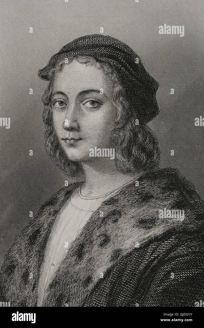 Raphael (1483-1520). Italienischer Renaissance-Künstler. Hochformat. Gravur von Geoffroy. „Historia Universal“, von César Cantú. Lautstärke V. 1856. Stockfoto