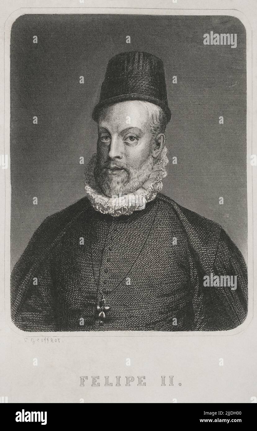Philipp II. (1527-1598). König von Spanien (1556-1598). Hochformat. Gravur von Geoffroy. „Historia Universal“, von César Cantú. Lautstärke V. 1856. Stockfoto