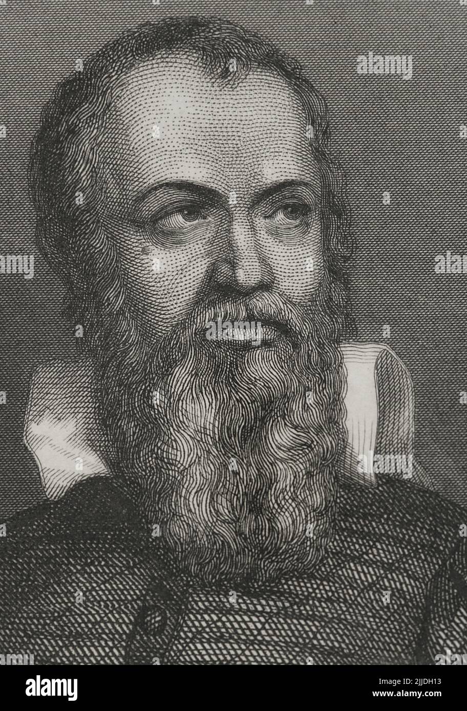 Galileo Galilei (1564-1642). Italienischer Astronom, Mathematiker und Physiker. Hochformat. Gravur von Geoffroy. „Historia Universal“, von César Cantú. Lautstärke V. 1856. Stockfoto