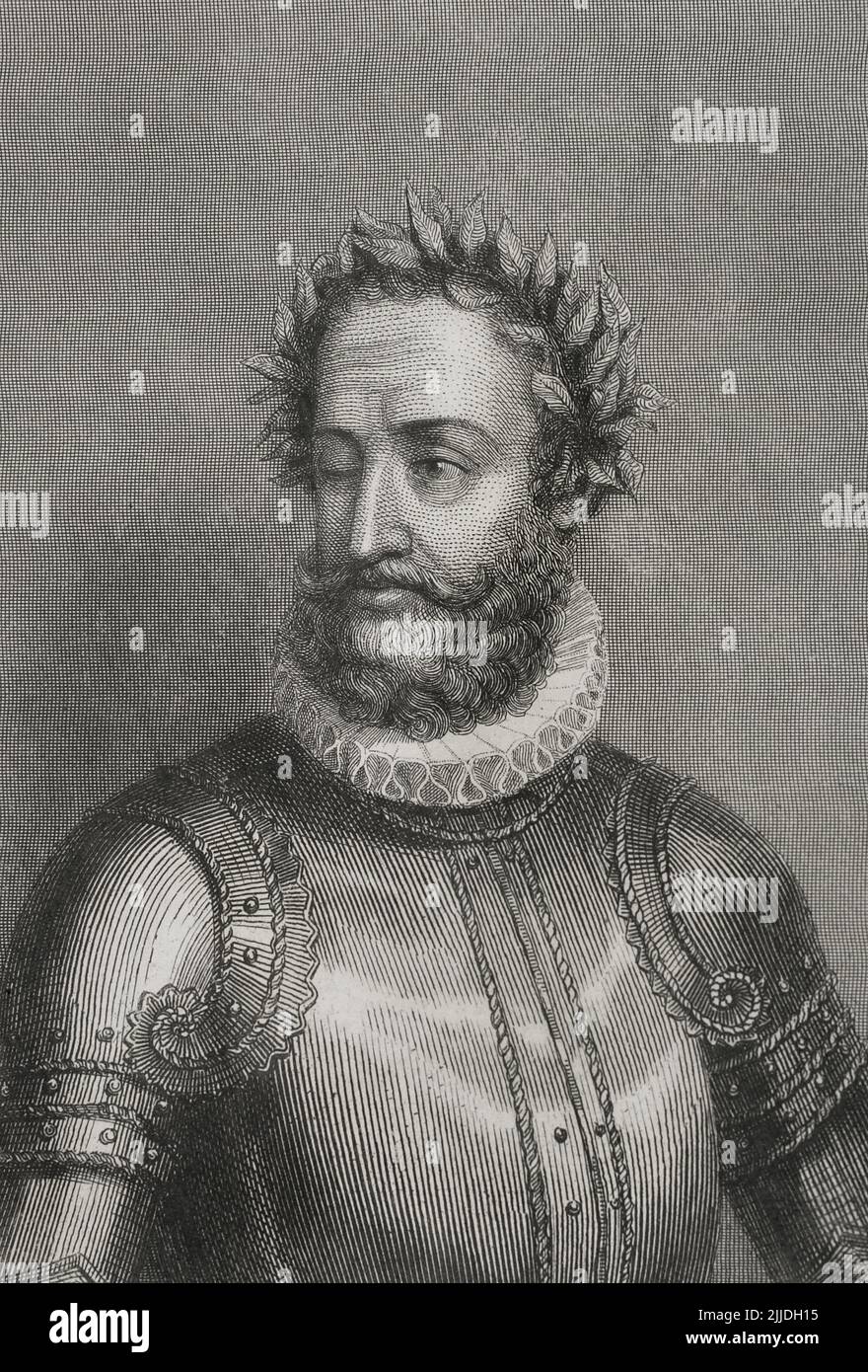 Luis Vaz de Camoes (1524-1580). Portugiesischer Schriftsteller und Dichter. Autor von „OS Lusiadas“ (1572). Hochformat. Gravur von Geoffroy. „Historia Universal“, von César Cantú. Lautstärke V. 1856. Stockfoto