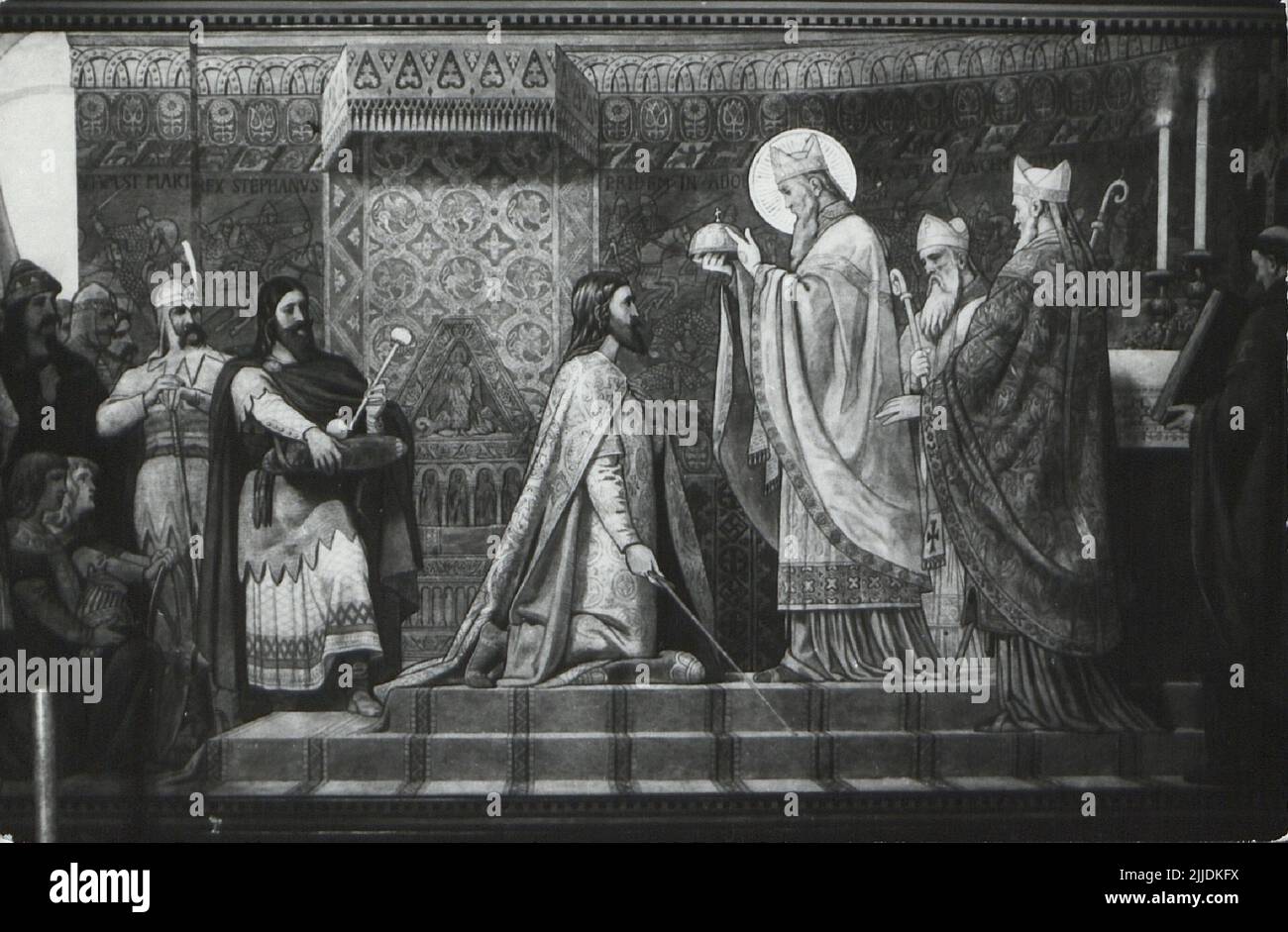 Kathedrale. Postkarte der Kathedrale von Pécs. Bertalan Székelys Wandbild. Stockfoto