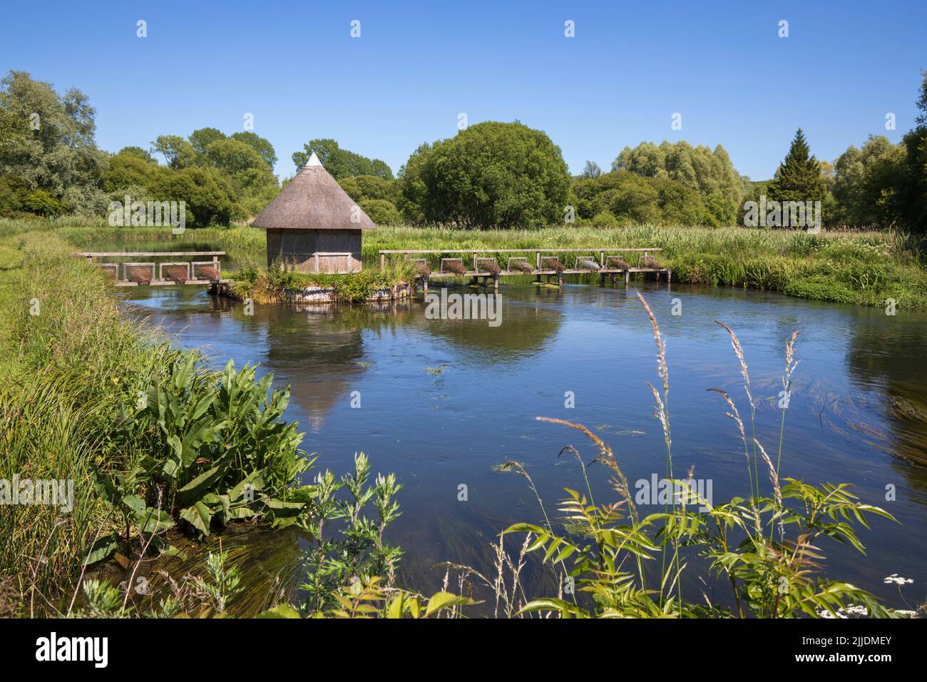 Reetgedeckte Fischerhütte am River Test, Longstock, Stockbridge, Hampshire, England, Vereinigtes Königreich, Europa Stockfoto