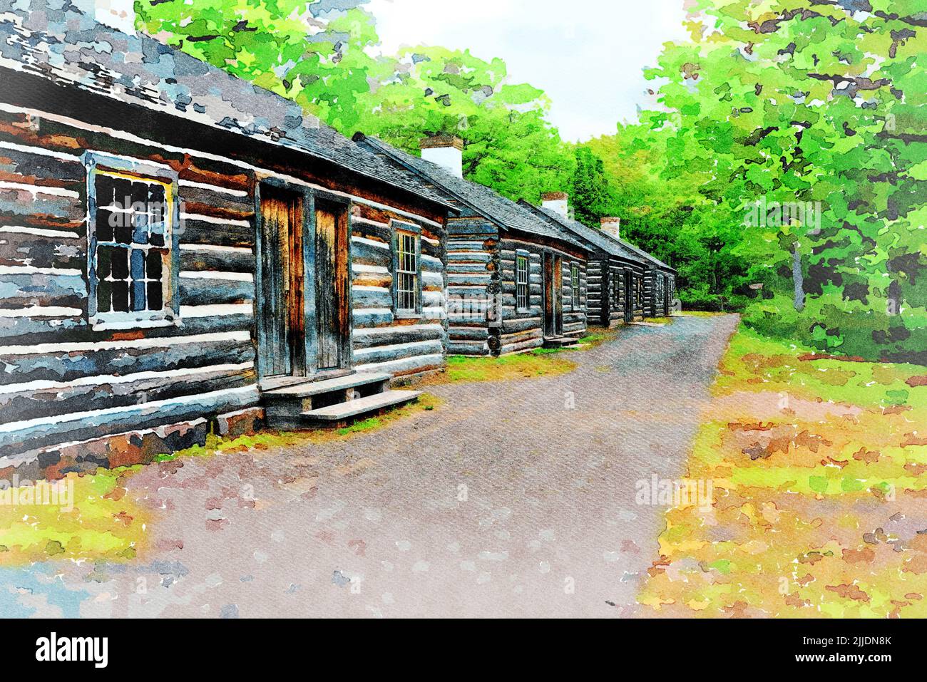 Digital erstellte Aquarellmalerei der Offiziersquartiere in Fort Wilkins. Stockfoto