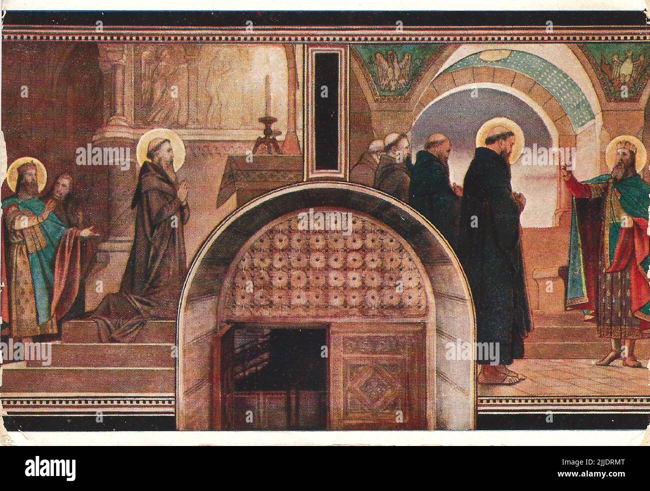 St. Moors Mönch betet. Postkarte des Wandbildes des Malers Bertalan Székely in der Kathedrale von Pécs. Stockfoto