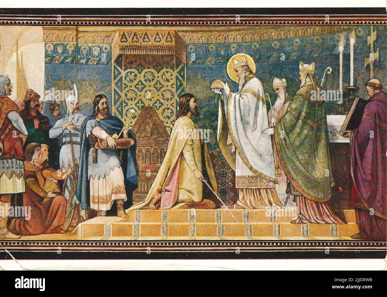 Bischof von St. Moor Pécs wird von König Endre I. gekrönt. Postkarte des Wandbildes des Malers Bertalan Székely in der Kathedrale von Pécs. Stockfoto
