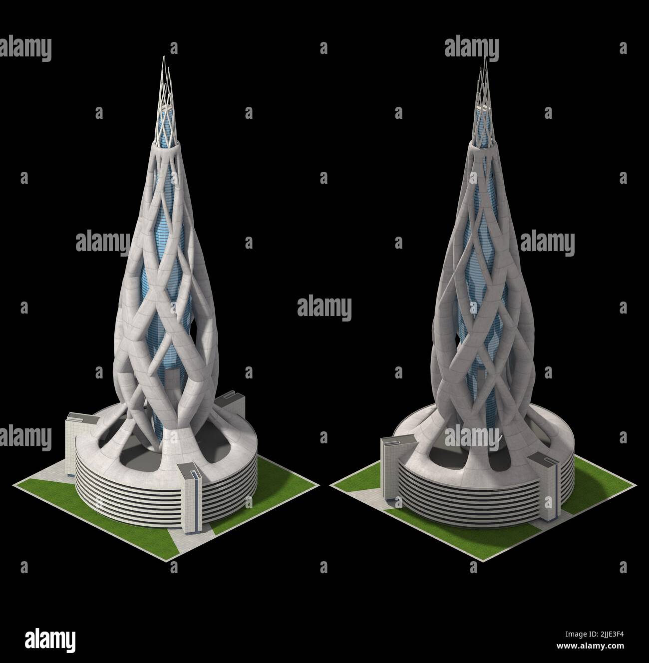 Futuristische Architektur für ein quadratisches gefliestes Spiel, das in dimetrischer Projektion mit einem Verhältnis von 2:1 Pixeln dargestellt wird, mit einer orthographischen Eckkamera von 30 Grad aus dem 2-Winkel Stockfoto