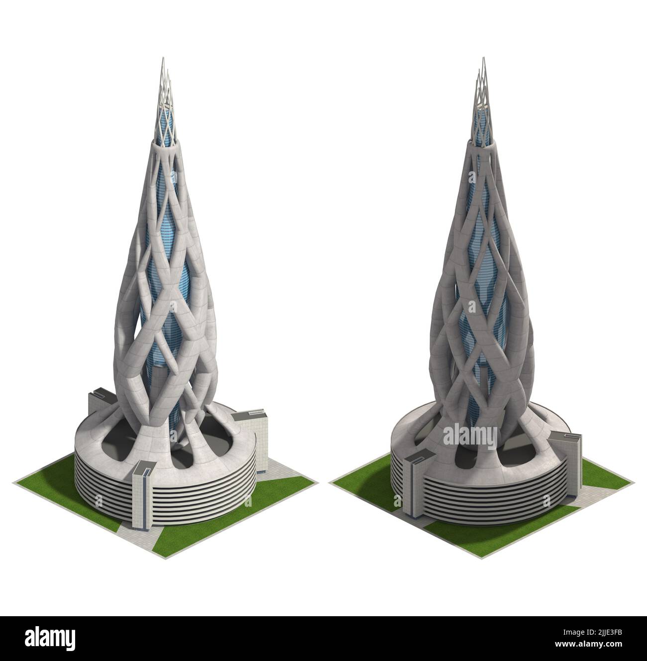 3D futuristische Architekturdarstellung für ein gefliestes Spiel, das in dimetrischer Projektion im 2:1-Pixel-Verhältnis dargestellt wird, mit einer orthographischen 30-Grad-Kamera von 2 ang Stockfoto
