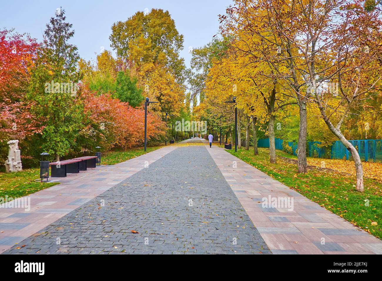 Farbenfrohe Herbstbäume entlang der Straße der Trauer im Holocaust-Memorial-Park Babyn Yar, Kiew, Ukraine Stockfoto