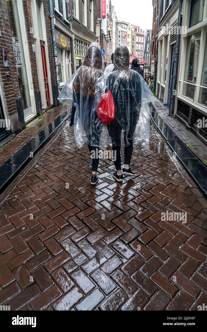 Touristen in der Altstadt von Amsterdam, Niederlande, bei regnerischem Wetter, mit Plastikponchos. Stockfoto