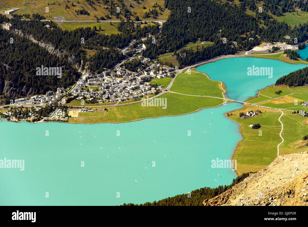 Oberengadiner Seen, Silvaplana am Silvaplaner See, Schweiz, Graubünden, Oberengadin Stockfoto