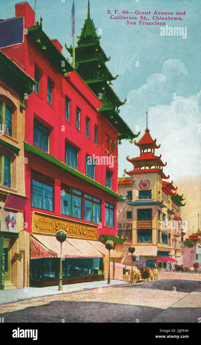 Alte US-Postkarte von Grant Avenue und California Street in Chinatown, San Francisco, USA Stockfoto