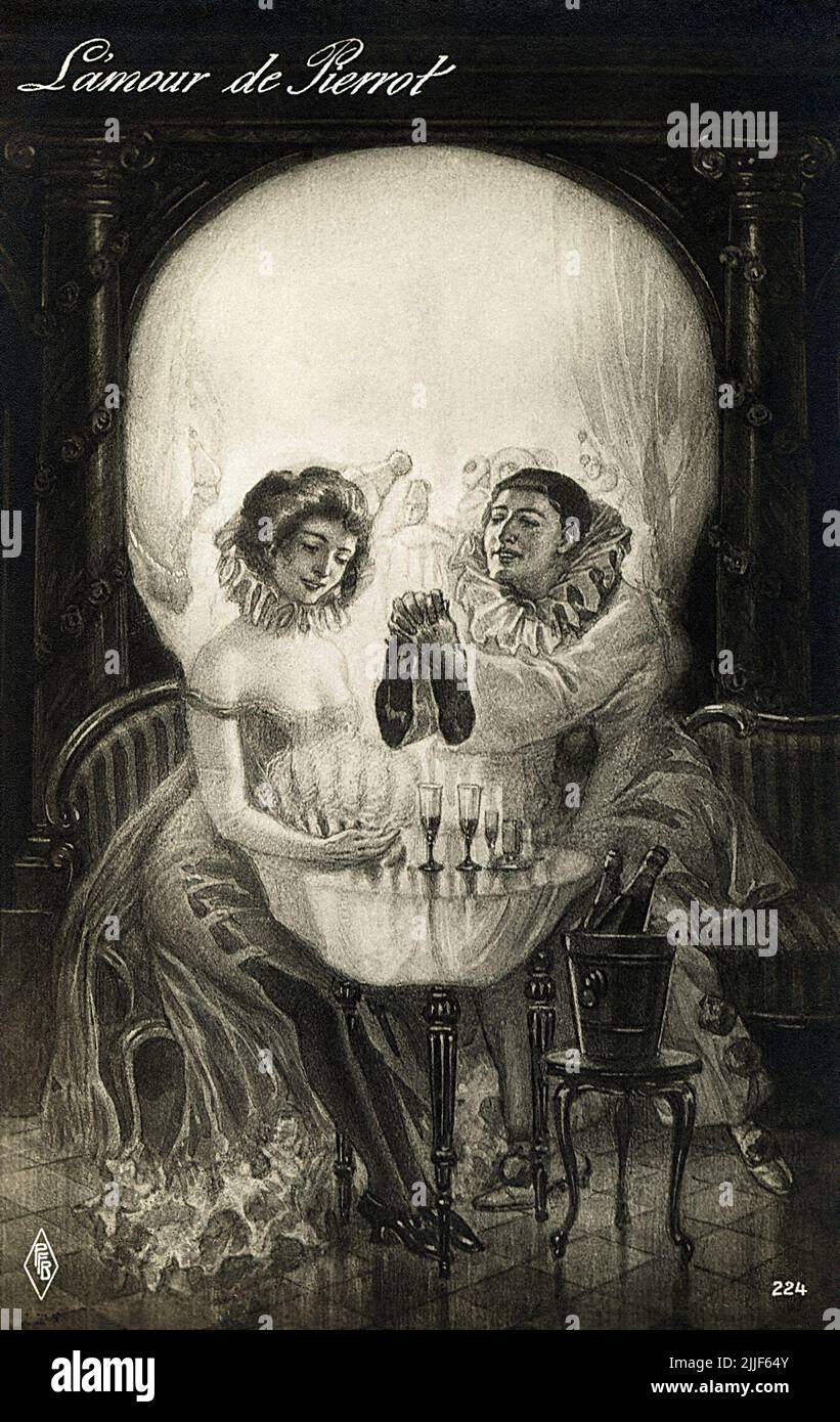 Vintage Trompe l'oeil Memento Mori Postkarte 'L'amour de Pierrot' zeigt einen stilisierten Schädel, der von den Figuren eines Paares in schickem Kleid geschaffen wurde. Stockfoto