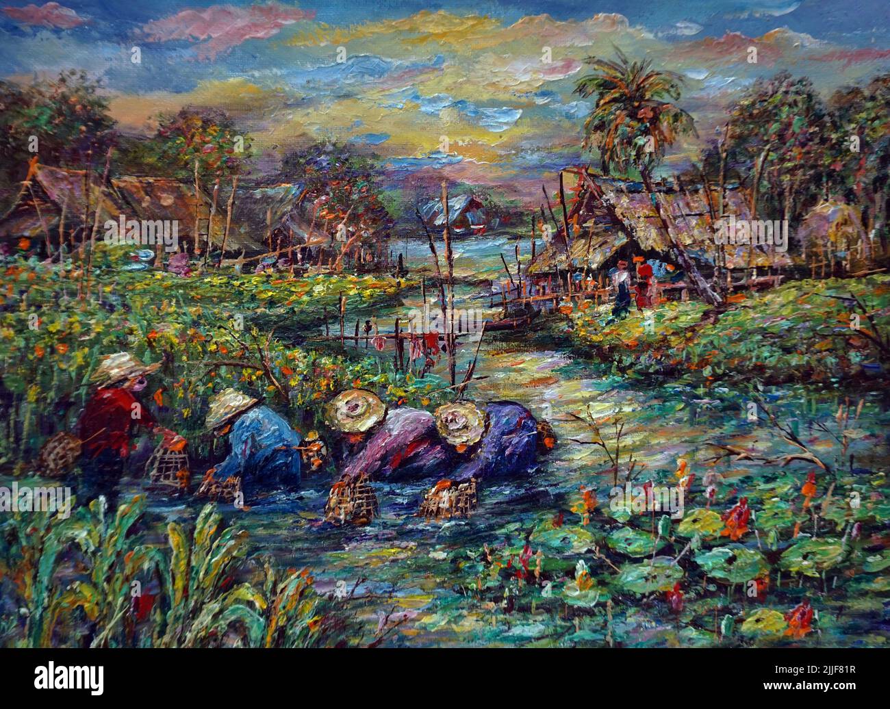 Kunstmalerei Ölfarbe Hut Nordosten Thailands Landschaft , Überfluss , biologische Landwirtschaft Stockfoto