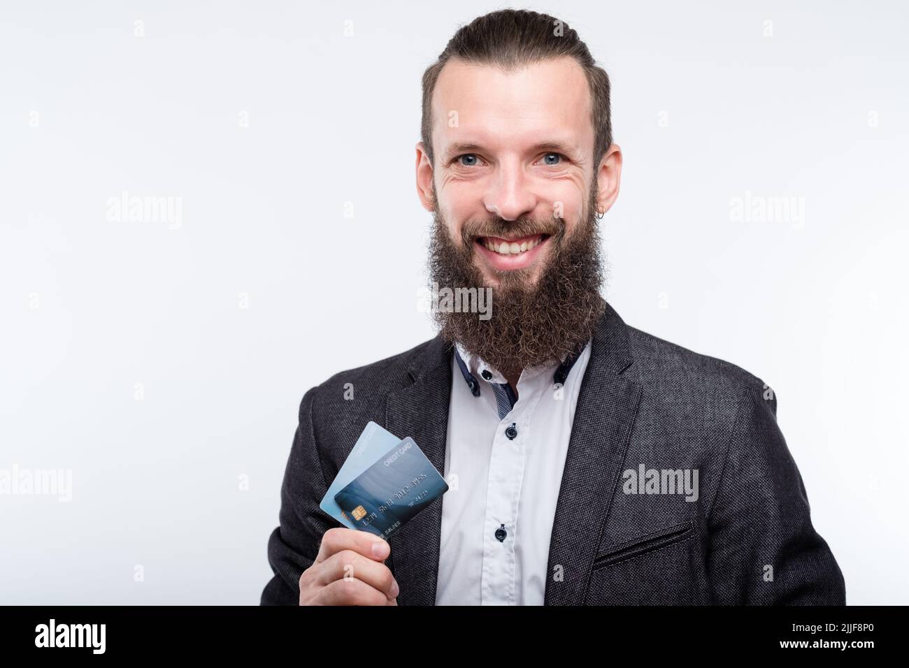 Sicherer Einkauf Kreditkarte Kasse Mann hält Stockfoto