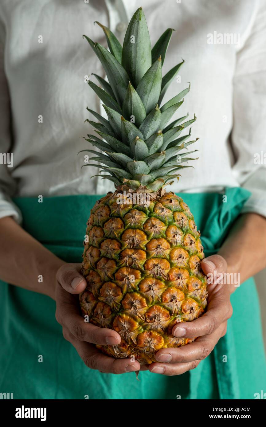 Weibliche Köchin hält eine Ananas, Nahaufnahme von Obst - Stock Foto Stockfoto