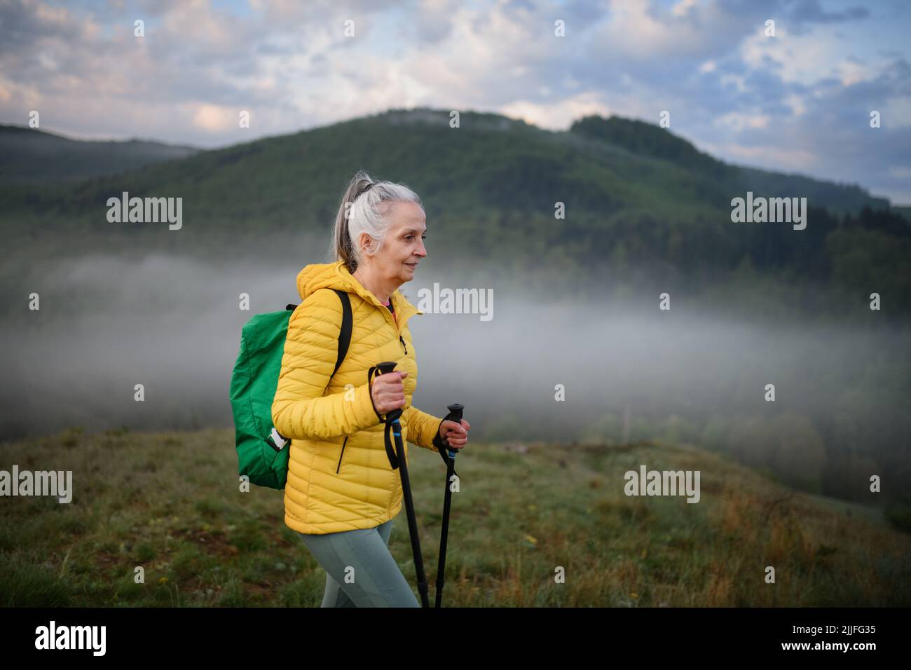 Ältere Frau, die am frühen Morgen in der Natur mit Nebel und Bergen im Hintergrund wandert. Stockfoto