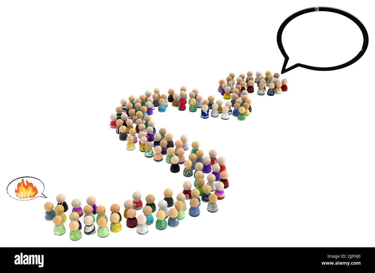 Menge kleiner symbolischer Figuren, feuriger Sprechblasenendpunkt, 3D Illustration, horizontaler Hintergrund, über weiß, isoliert Stockfoto