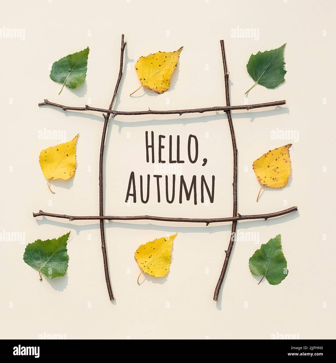 Kreative Grußkarte für den Herbst. Hallo Herbsttext, Rahmen mit grünen, gelben Blättern und Ästen auf braunem Hintergrund. Draufsicht Flat Lay. Stockfoto