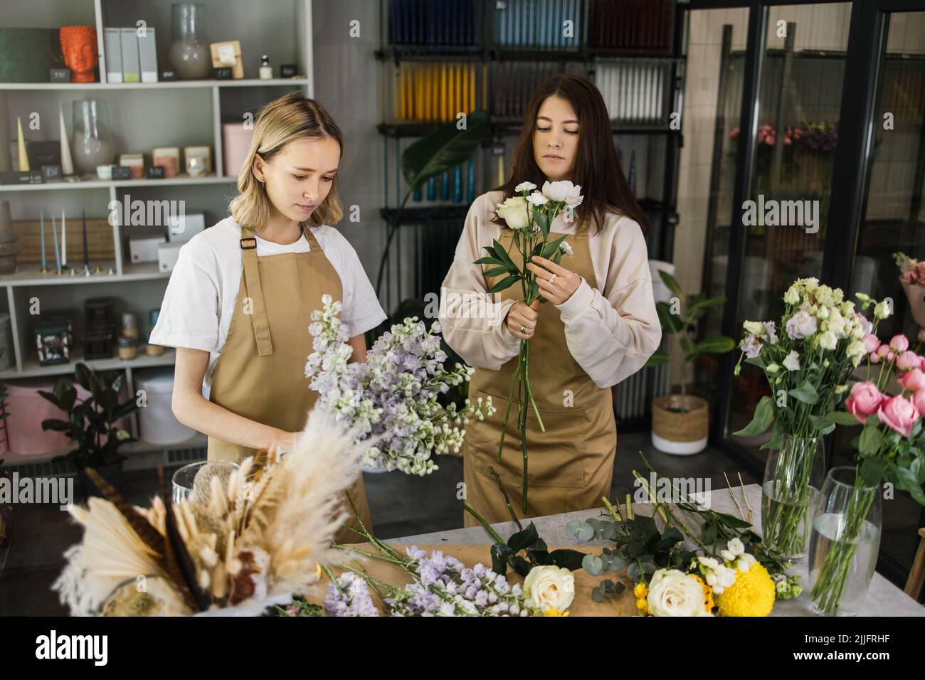 Attraktive Mädchen, die als Floristen arbeiten. Blumen in Blumensträuße zu arrangieren und sich gegenseitig Ratschläge zu geben. Verkauf von Blumengeschenken im Blumenladen. Stockfoto