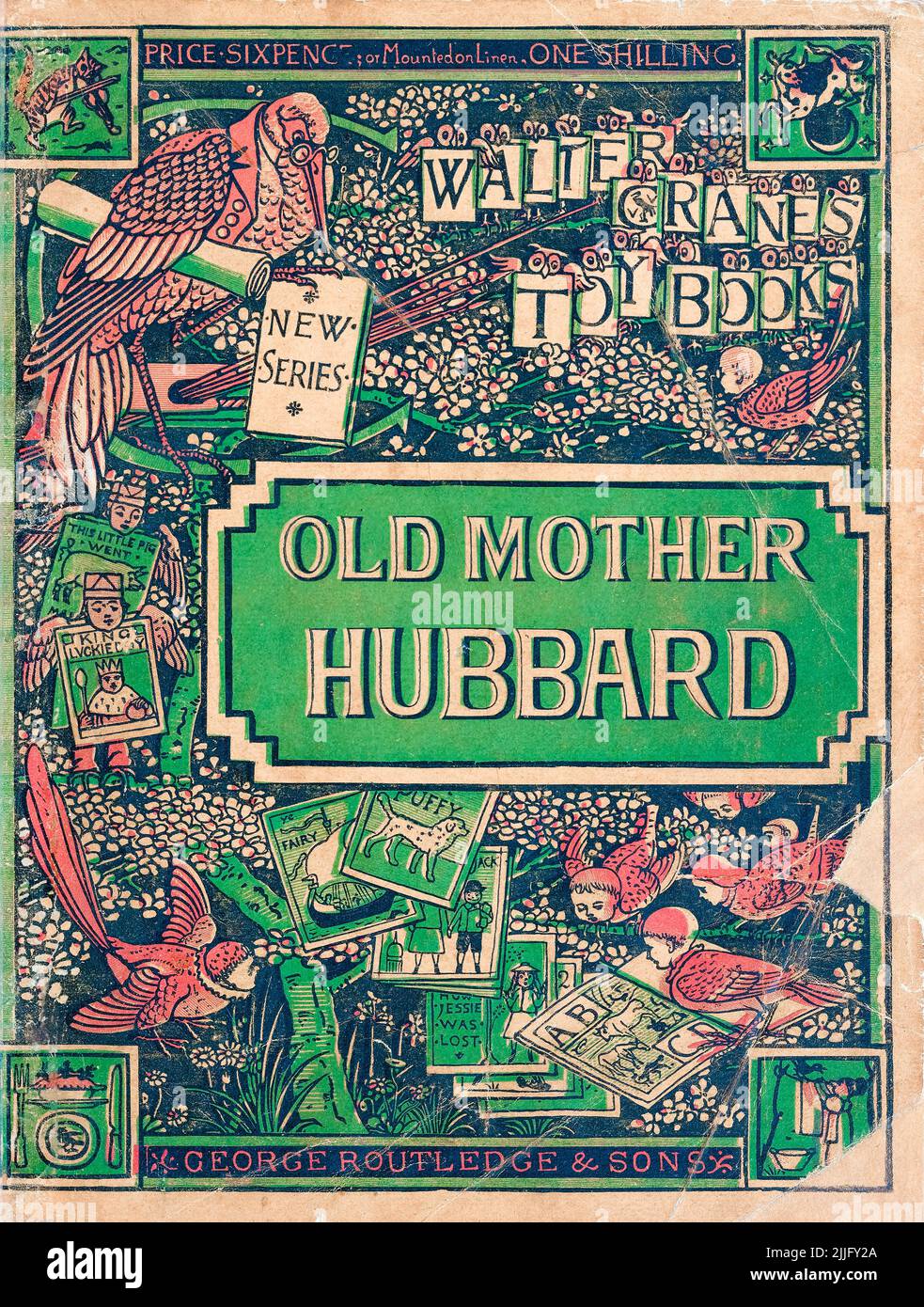 Alte Mutter Hubbard, illustrierte Kinderbuch-Cover-Design-Illustration von Walter Crane, 1873-1874 Stockfoto