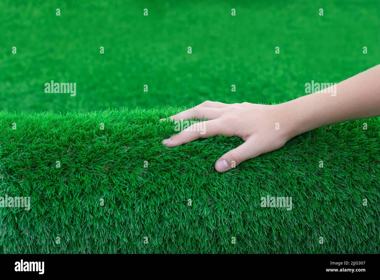 Nahaufnahme einer Hand, die eine Rolle weichen Kunstrasen streichelt. Schöner Hauch von sauberem und antibakteriellem Gras Stockfoto