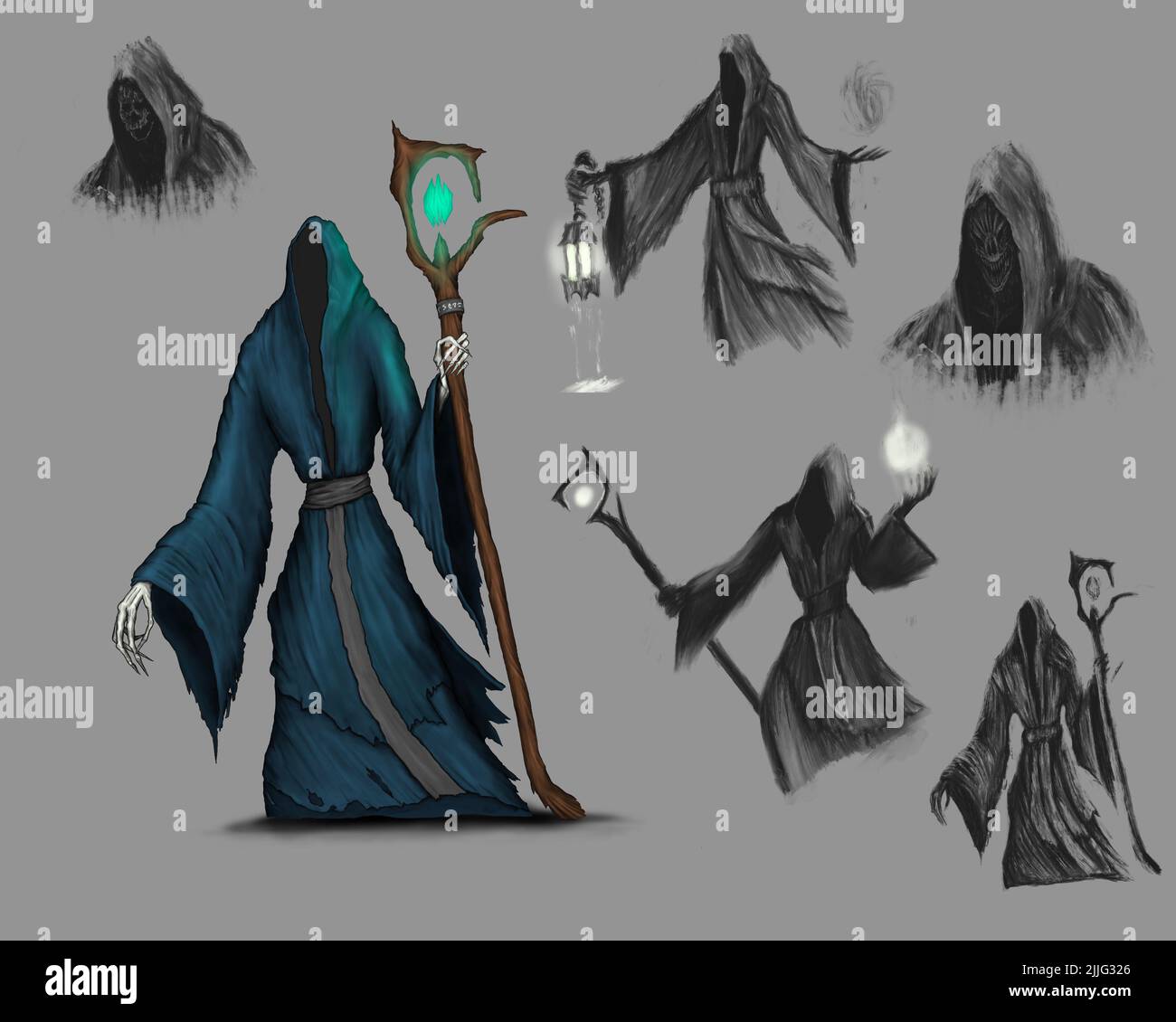 Magier Fantasy-Charakter, Charakterentwicklung für das Spiel, Konzeptkunst, digitale Illustration Stockfoto