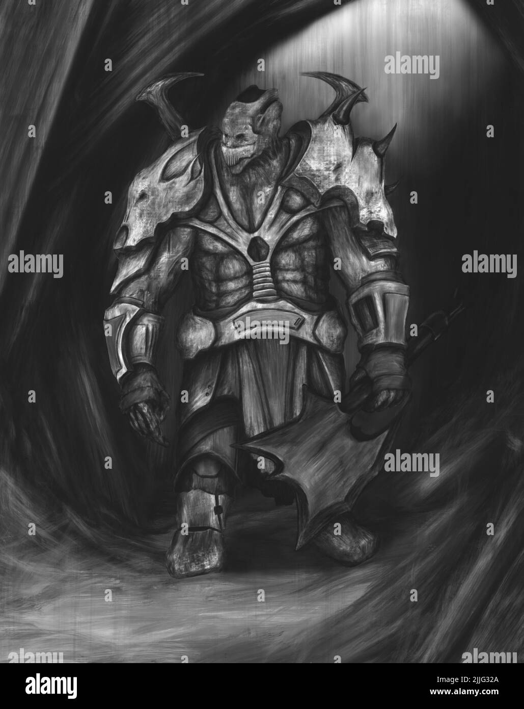 Starker Krieger mit Axt, Fantasy-Charakter, Charakterdesign, Charakterentwicklung für ein Videospiel, Konzepterstellung Stockfoto