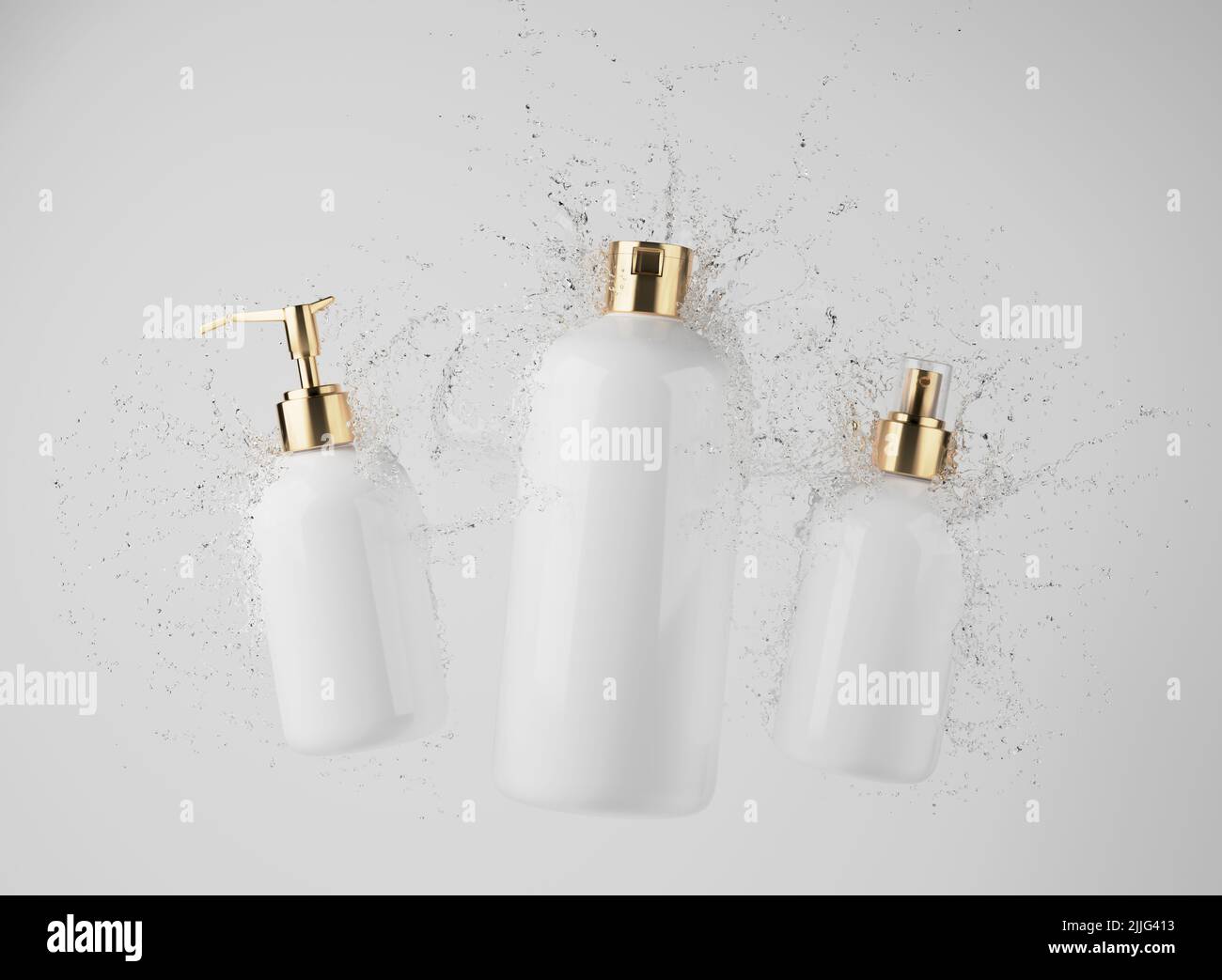 Drei verschiedene weiße Kosmetikflaschen in Wasser spritzen auf grauem Hintergrund 3D Render, Haare und bory Pflegeprodukte Verpackung und Branding Stockfoto