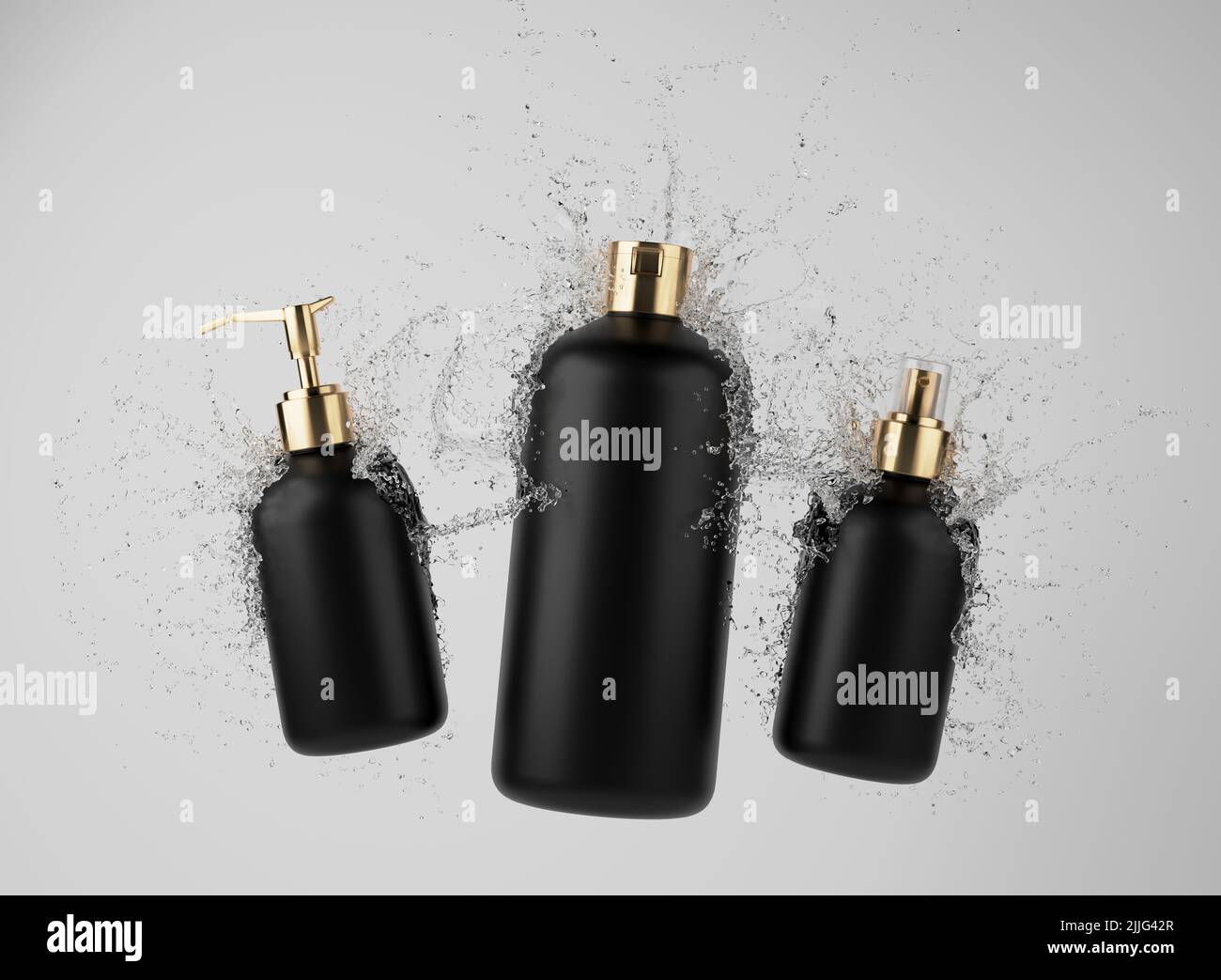 Drei verschiedene schwarze Kosmetikflaschen in Wasser spritzen auf grauem Hintergrund 3D Render, Haare und bory Pflegeprodukte Verpackung und Branding Stockfoto