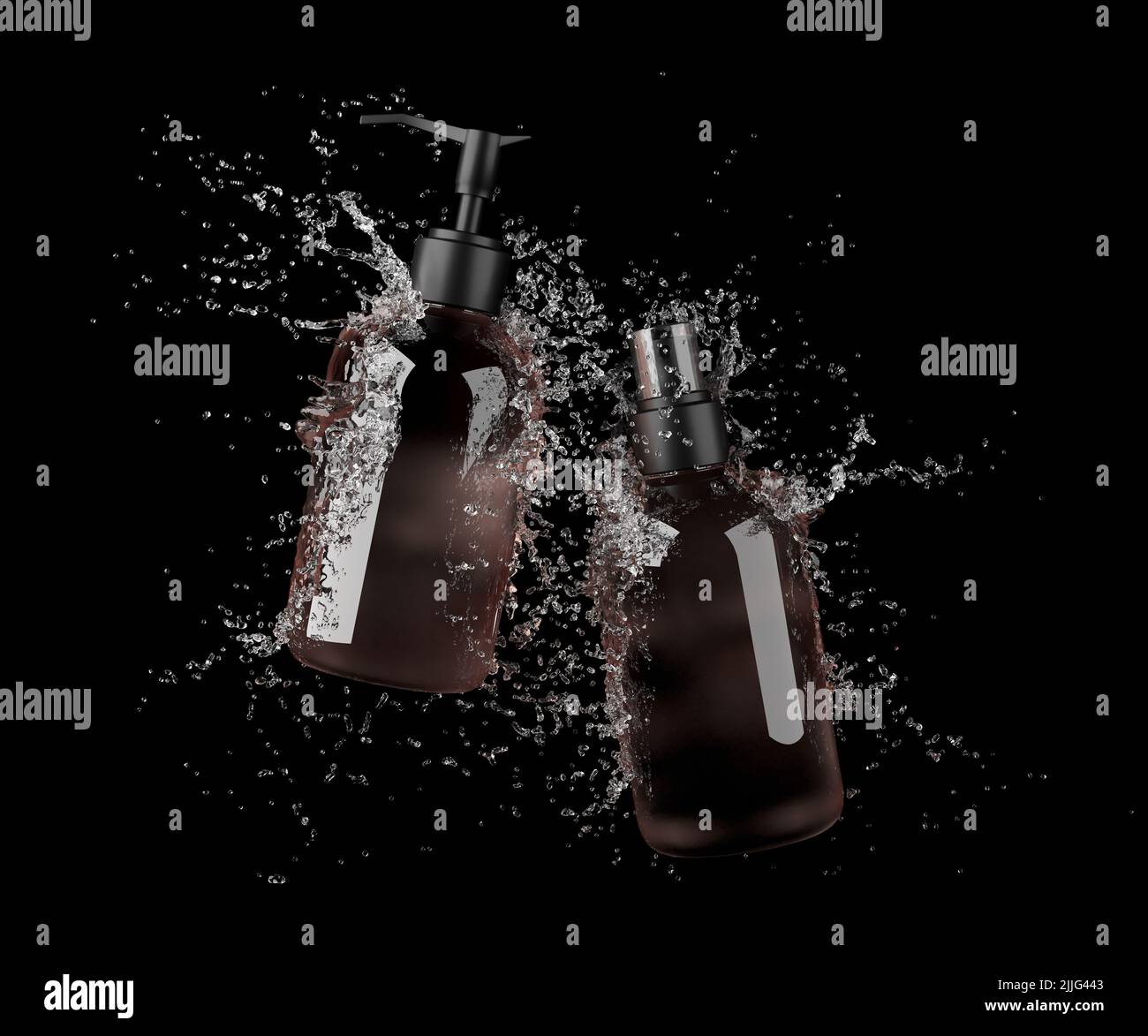 Zwei verschiedene Glaskosmetikflaschen in Wasserspritze isoliert auf schwarzem Hintergrund 3D Render, Haare und bory Pflegeprodukte Verpackung und Branding Stockfoto