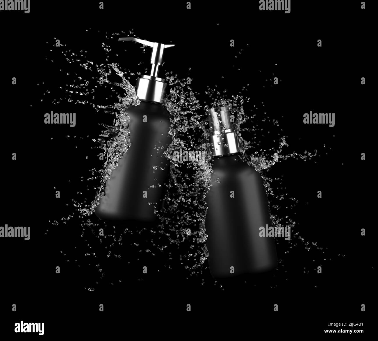 Zwei verschiedene Kunststoff-Kosmetikflaschen in Wasserspritze isoliert auf schwarzem Hintergrund 3D Render, Haare und bory Pflegeprodukte Verpackung und Branding Stockfoto