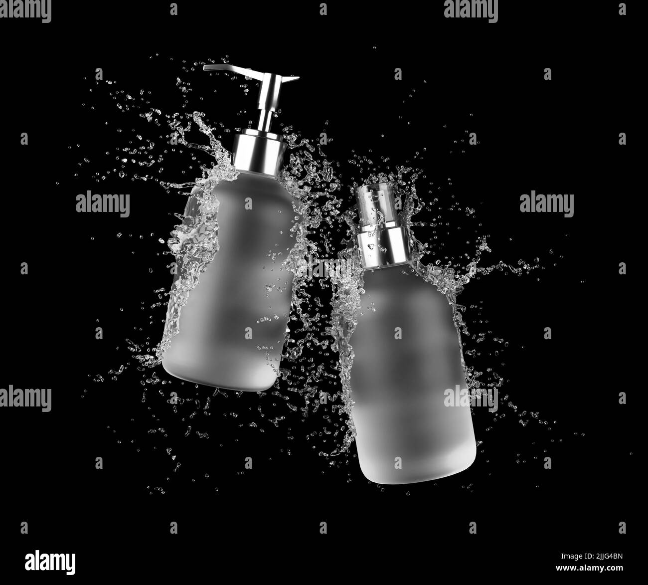 Zwei verschiedene Milchglas-Kosmetikflaschen in Wasserspritze isoliert auf schwarzem Hintergrund 3D Render-, Haar- und bory-Pflegeprodukte Verpackung und Stockfoto