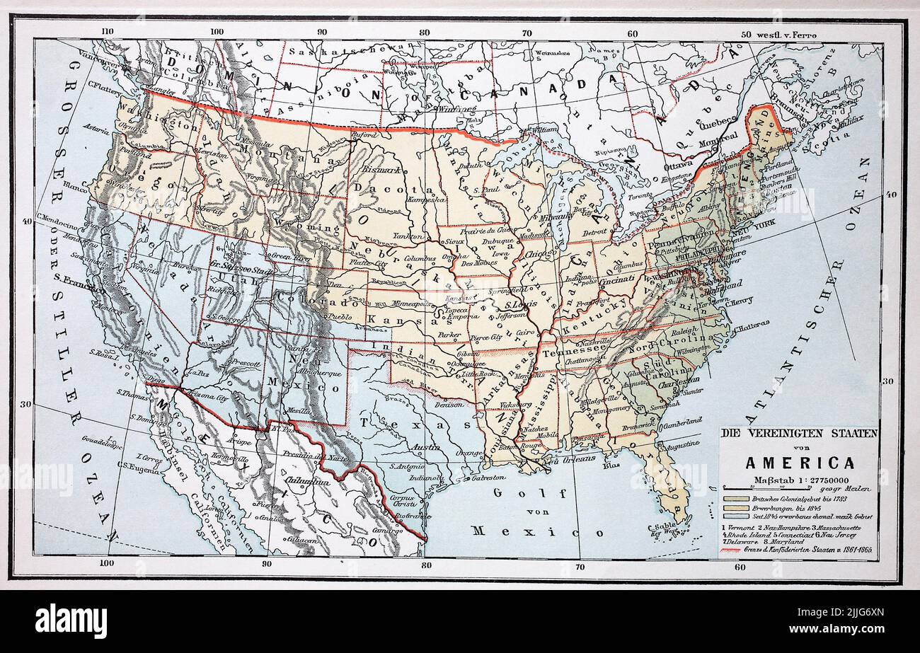 Landkarte von Nordamerika aus dem Jahr 1880 / Map of North America from 1880, Historisch, historisch, digital verbesserte Reproduktion eines Originals aus dem 19.. Jahrhundert / digital restaurierte Reproduktion einer Originalvorlage aus dem 19. Jahrhundert, das Originaldatum nicht bekannt, Stockfoto