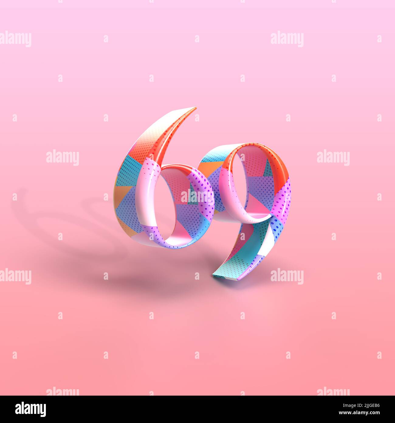 Farbenfrohes 69 3D Rendern auf einem rosa Hintergrund mit Kopierbereich. Stockfoto