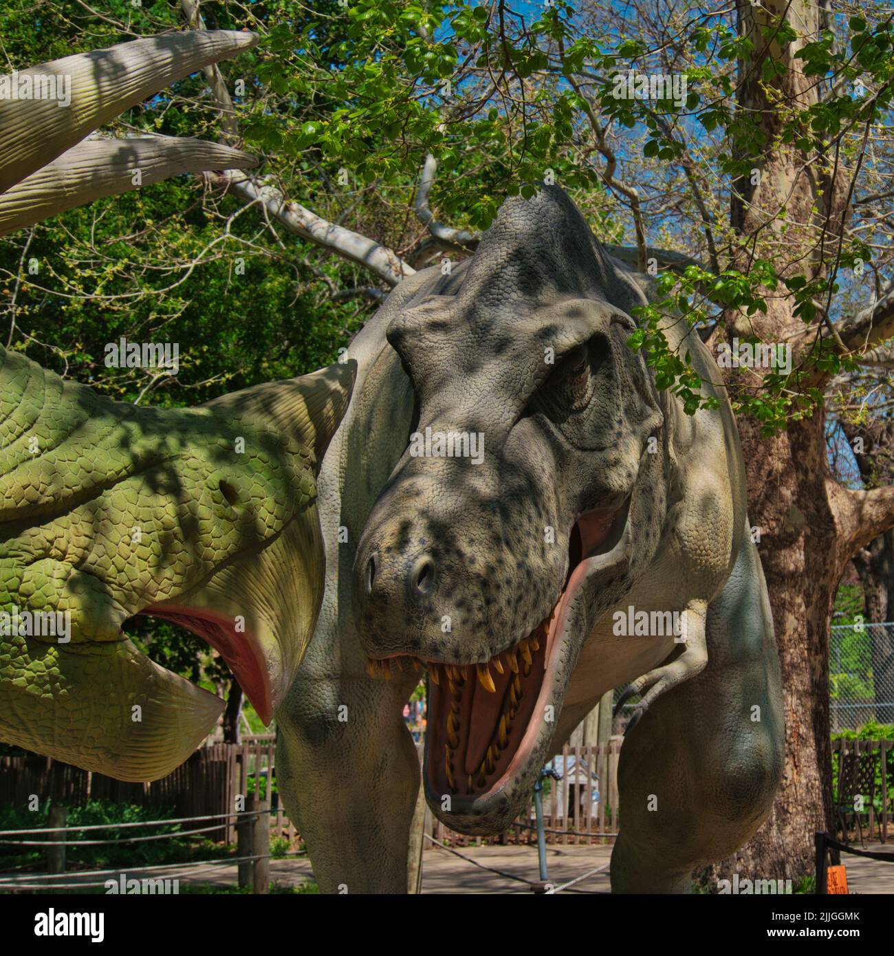 Eine animatronische Schlacht zwischen Raptor und Triceratops im Topeka Zoo und Conservation Center Stockfoto