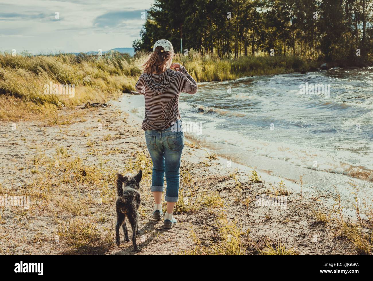 Rückansicht einer jungen Frau, die am Seeufer entlang geht, mit Hundereisen und Wanderungen mit Haustieren Stockfoto
