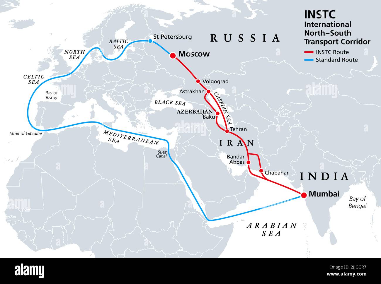 INSTC, Internationaler Nord-Süd-Verkehrskorridor, politische Karte. Netz für den Güterverkehr, mit Moskau als Nordende und Mumbai als Südende Stockfoto