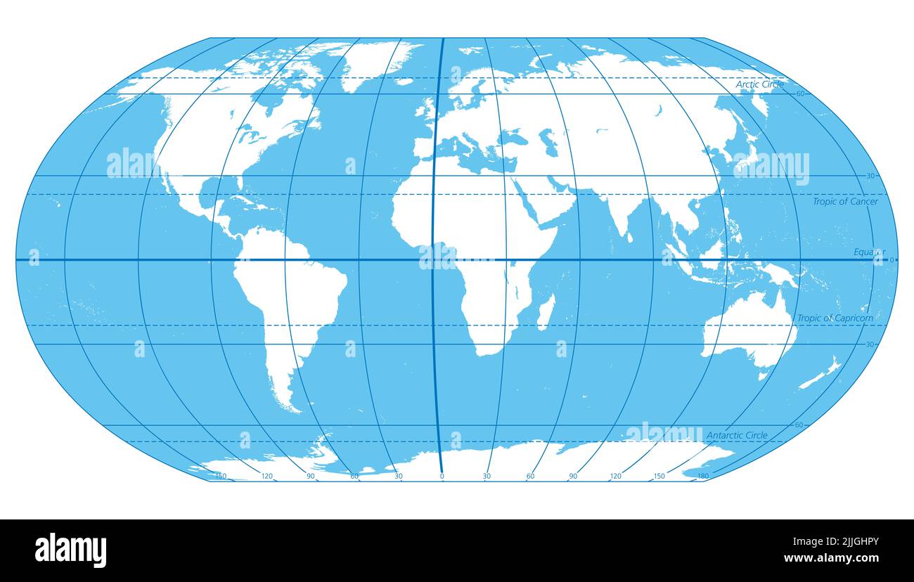 Die Welt, wichtige Kreise von Breiten und Längen, blau gefärbte politische Landkarte. Äquator, Greenwich-Meridian, Polarkreis und Antarktiskreis usw. Stockfoto