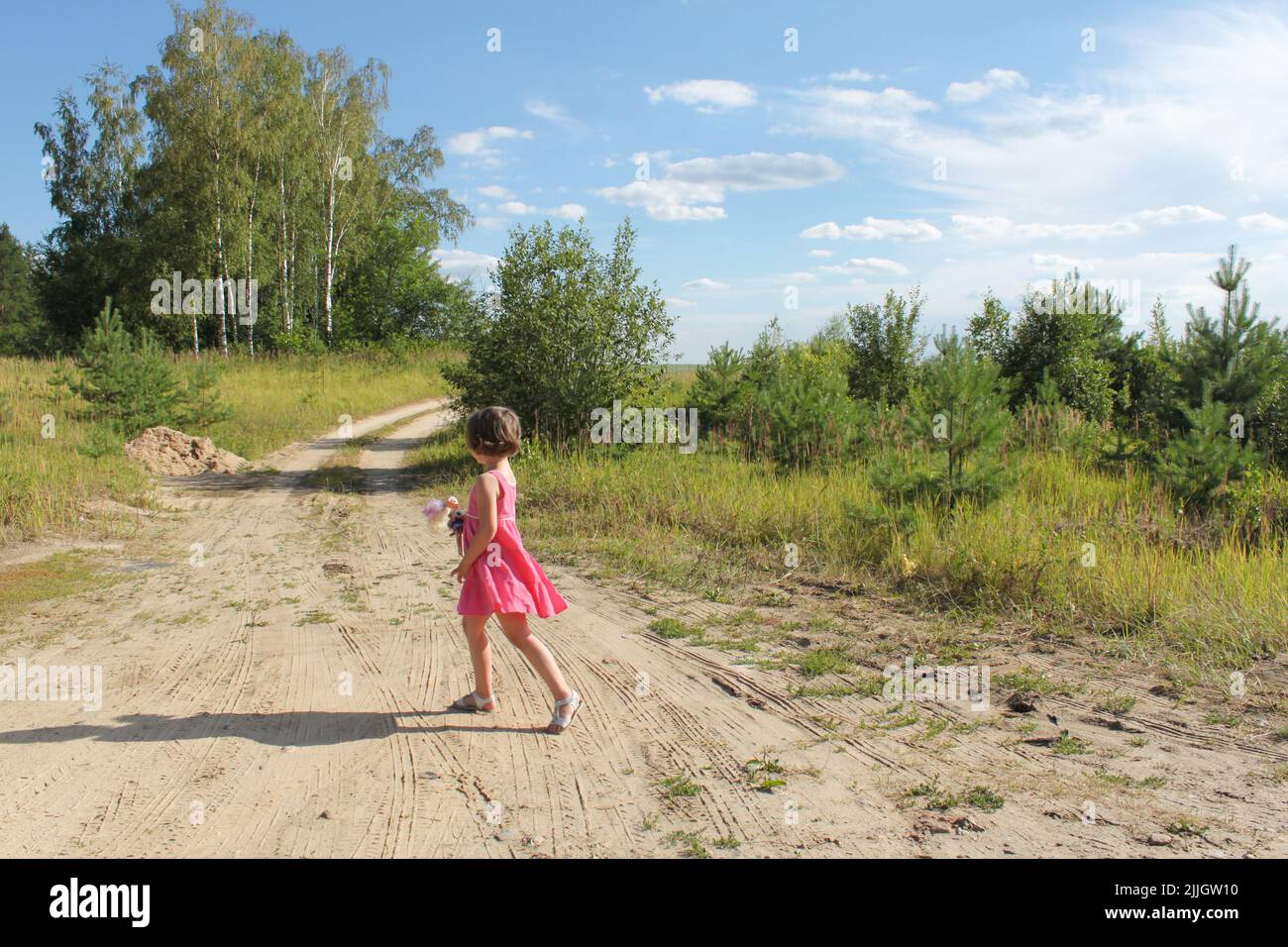 Kleinkind Mädchen in rosa Kleid mit einer Puppe in den Händen läuft auf sandigen Weg zwischen Feldern und Wäldern. Blick von hinten. Stockfoto