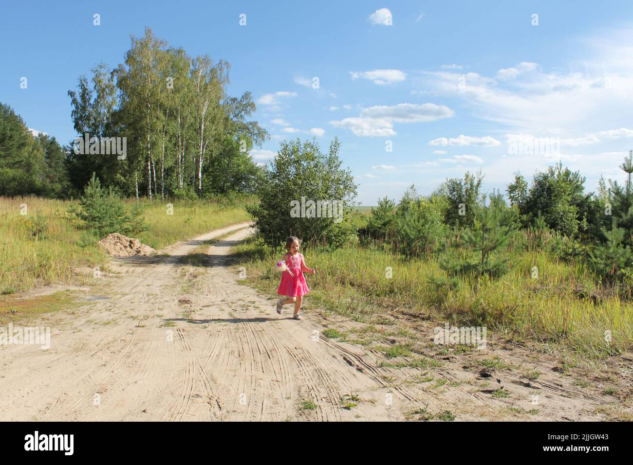 Lustige Kleinkind Mädchen in rosa Kleid mit einer Puppe läuft auf sandigen Weg zwischen Feldern und Wald. Speicherplatz kopieren. Stockfoto