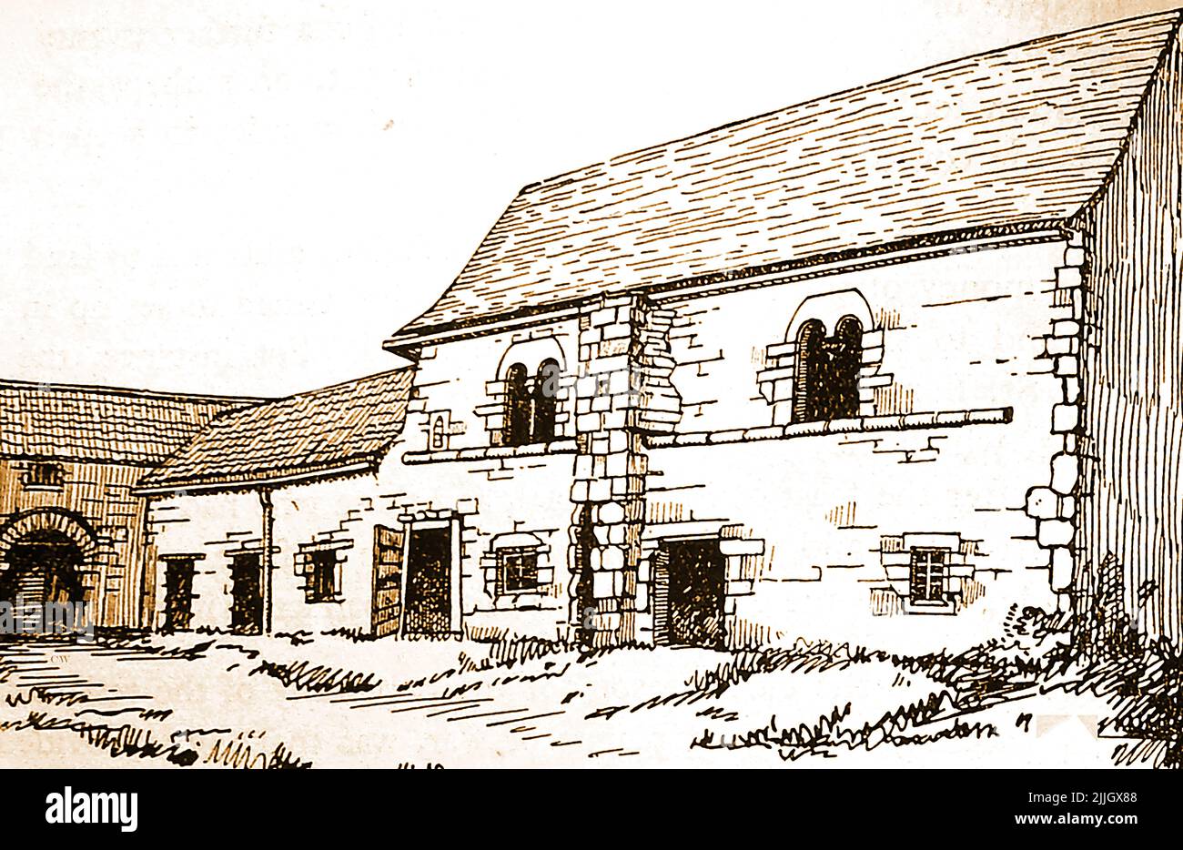Geschichte von Lincoln, England - Eine Skizze des Norman House in den 30er Jahren im Innenhof der St. Mary's Guild Hall, Stockfoto