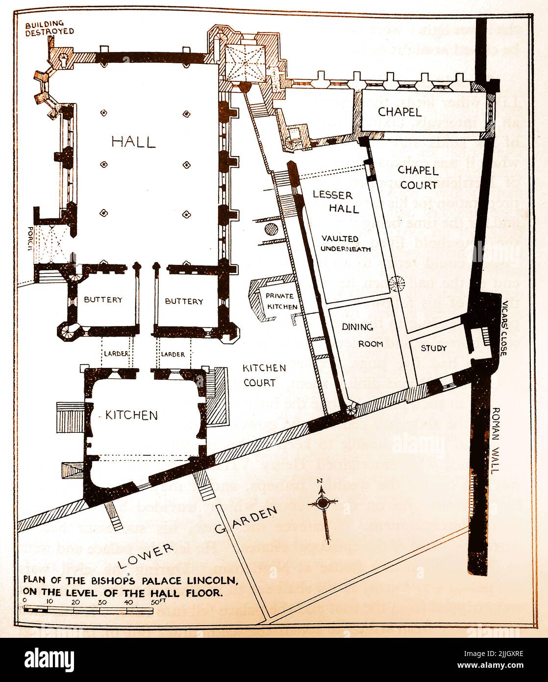 Geschichte von Lincoln, England - ein früher Plan der Ruinen des Old Bishop's Palace Stockfoto
