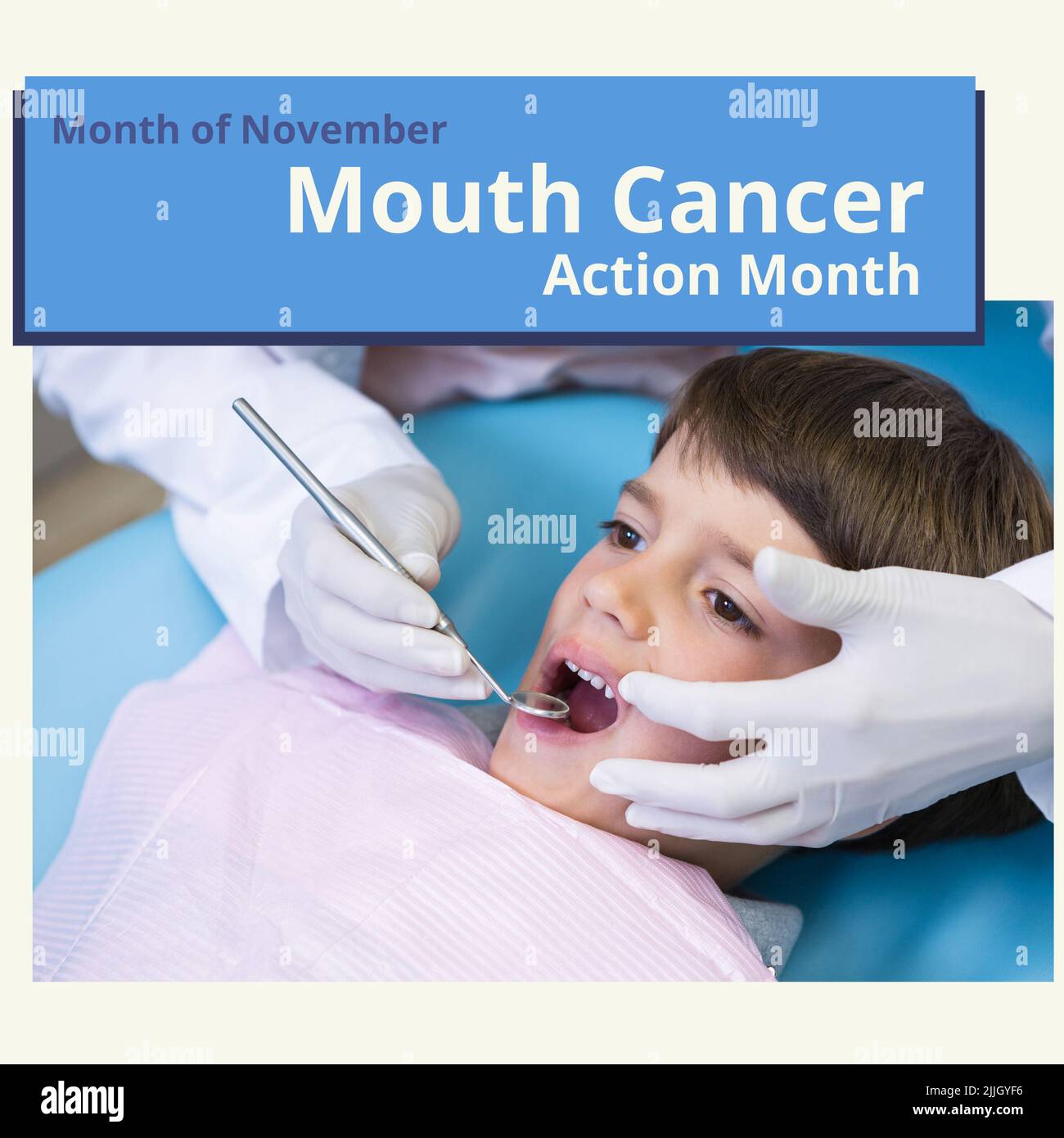 Bild eines Monats mit einer Sensibilisierung für Mundkrebs über die Hände eines Zahnarztes und eines Jungen Stockfoto