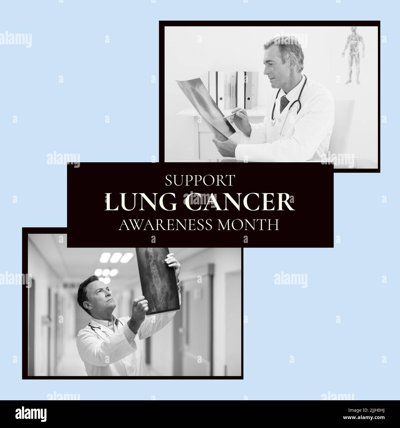 Bild des Konzepts zur Sensibilisierung für Lungenkrebs über Fotos mit kaukasischen männlichen Ärzten Stockfoto