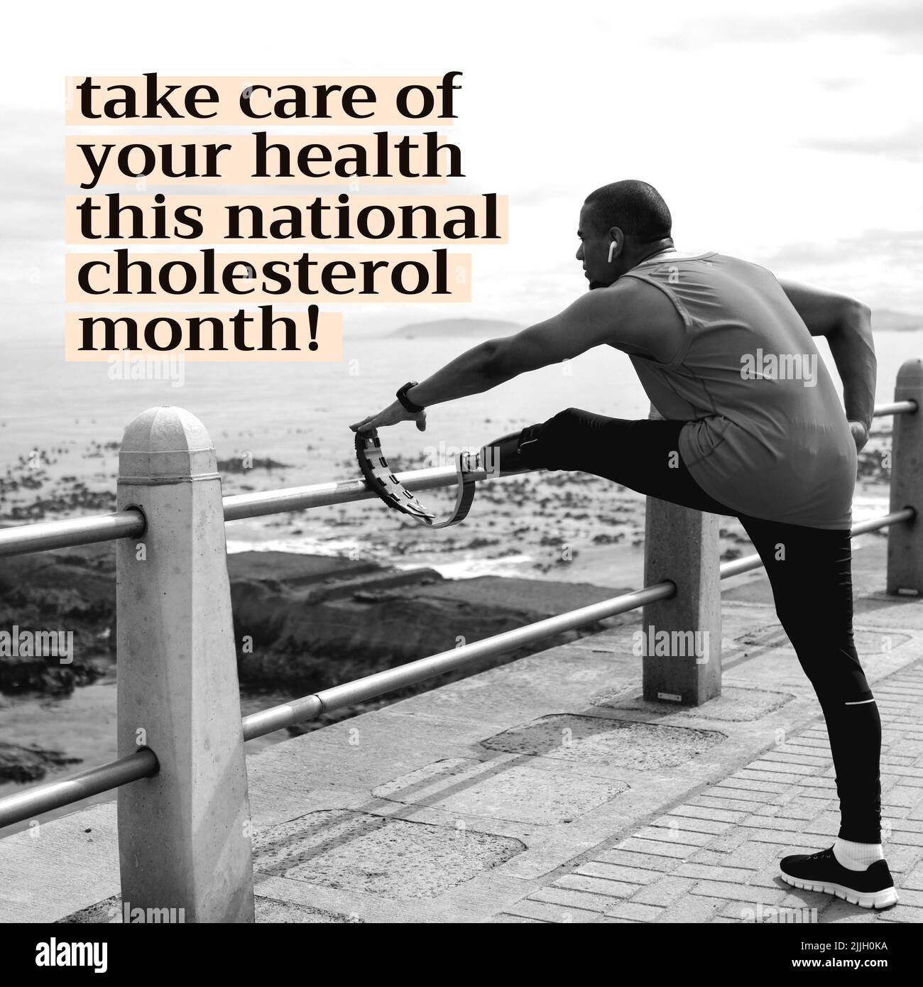 Zusammensetzung des nationalen Cholesterinmonatstextes mit behindertem afroamerikanischem Mann, der trainiert Stockfoto